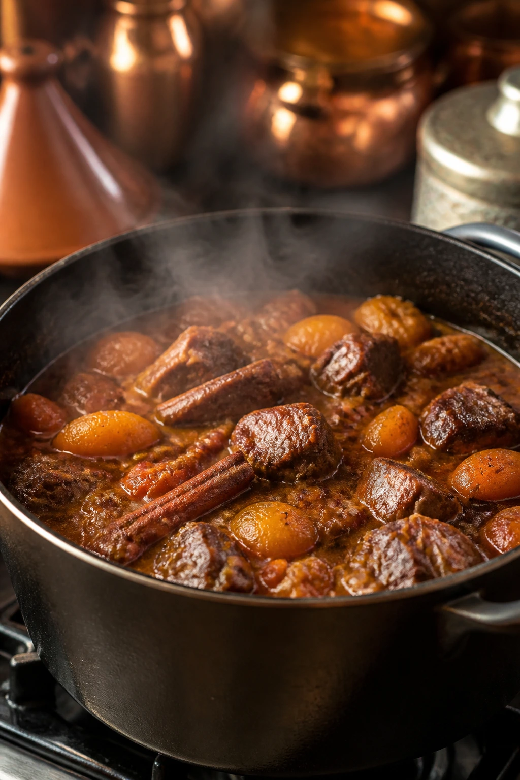 Close-up of Moroccan beef and apricot stew in a pot