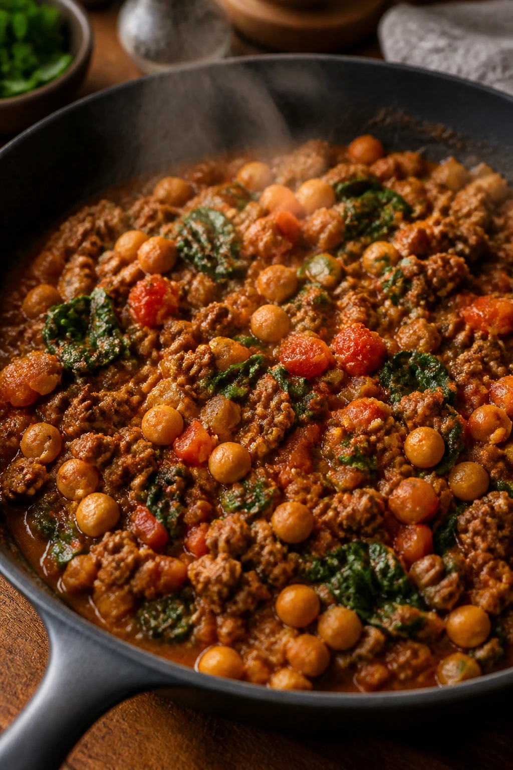 Moroccan-style beef and chickpeas in a skillet with greens