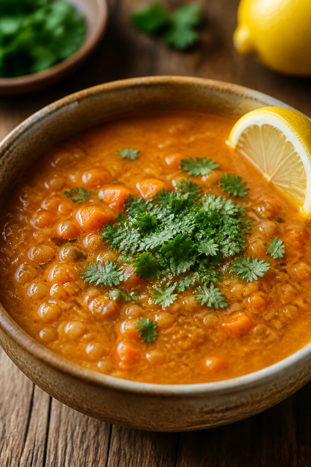 Steaming Moroccan carrot lentil soup in a bowl