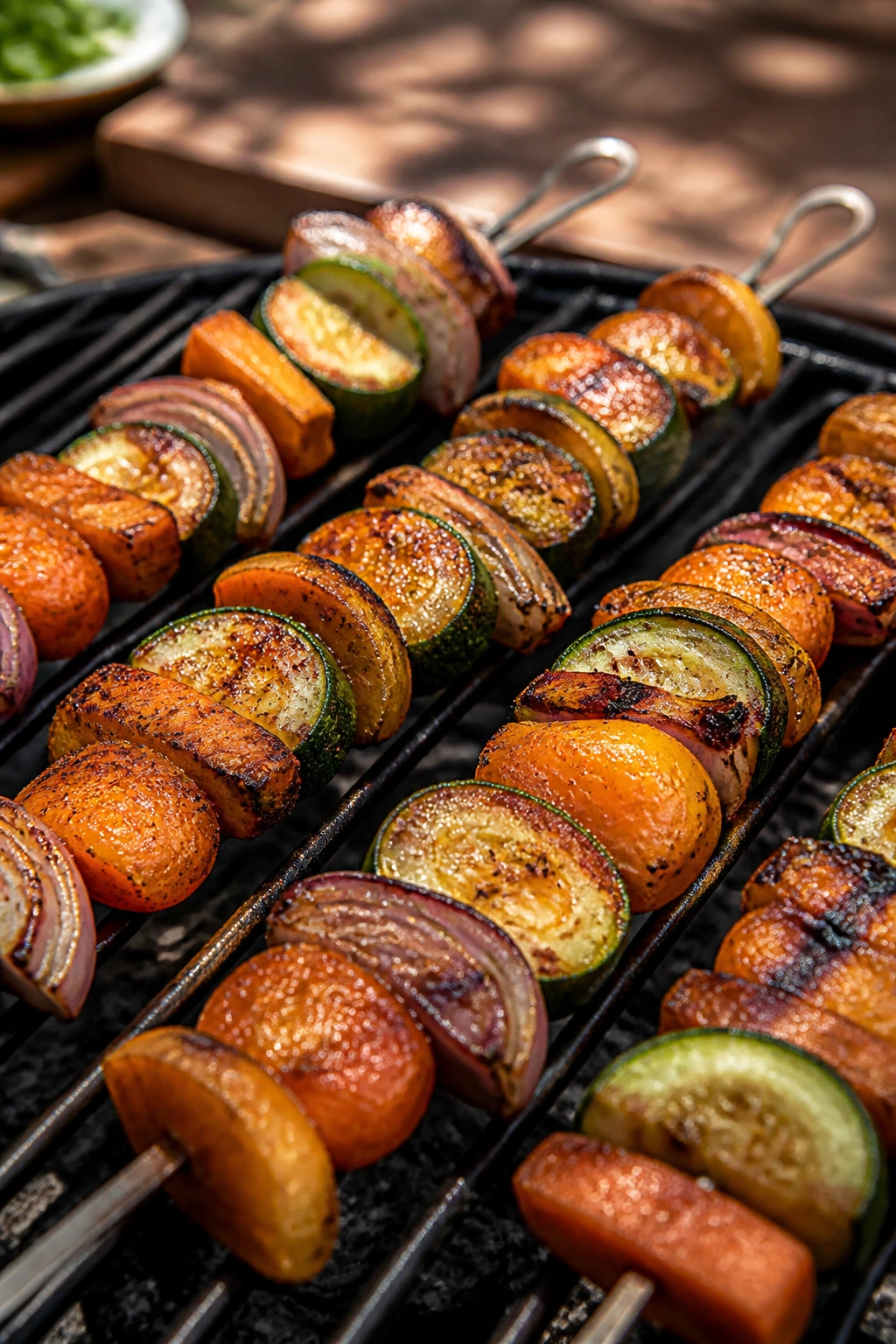 Close-up of Moroccan carrot zucchini apricot skewers with grill marks