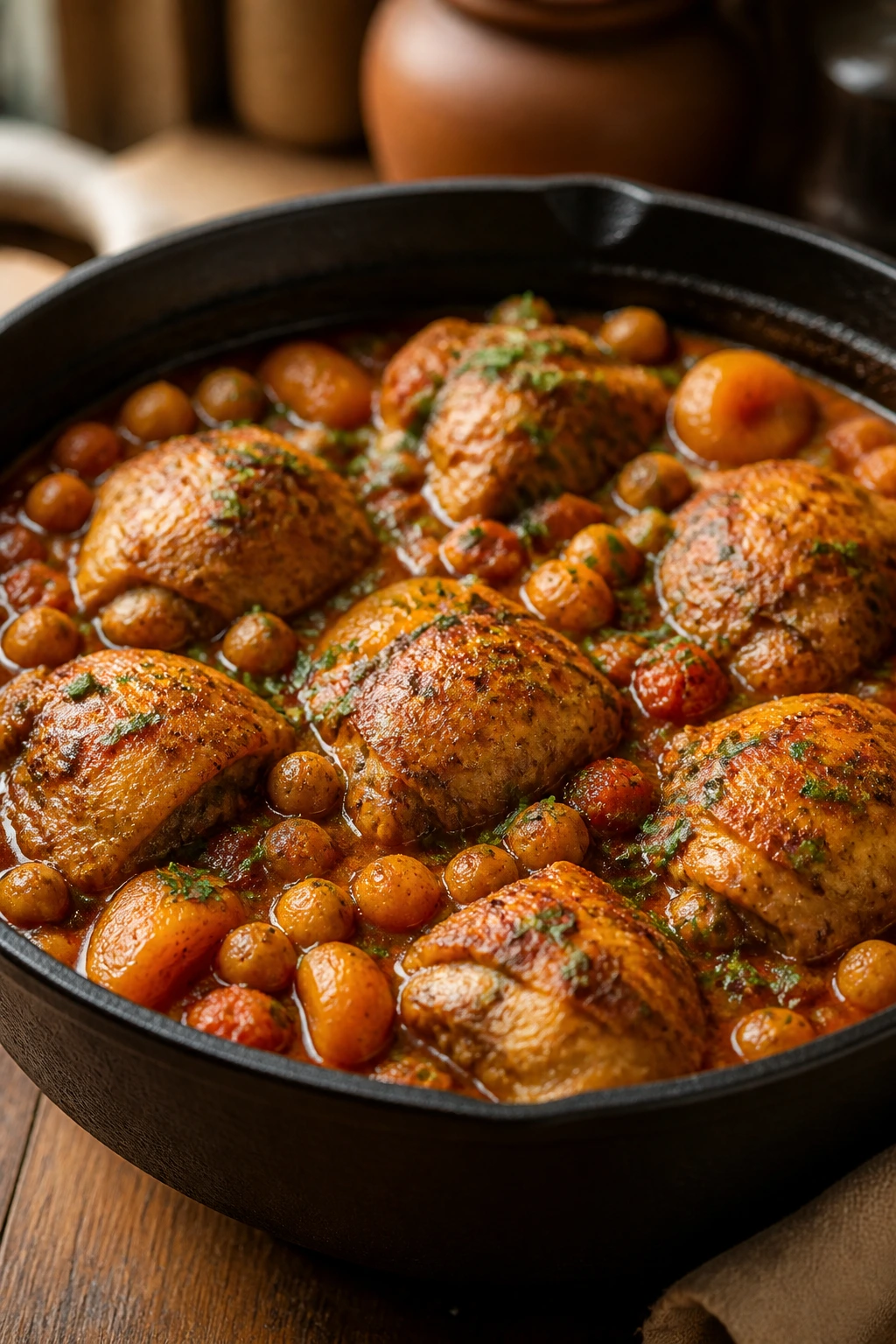 Close-up of Moroccan chicken with chickpeas in a spiced sauce with apricots