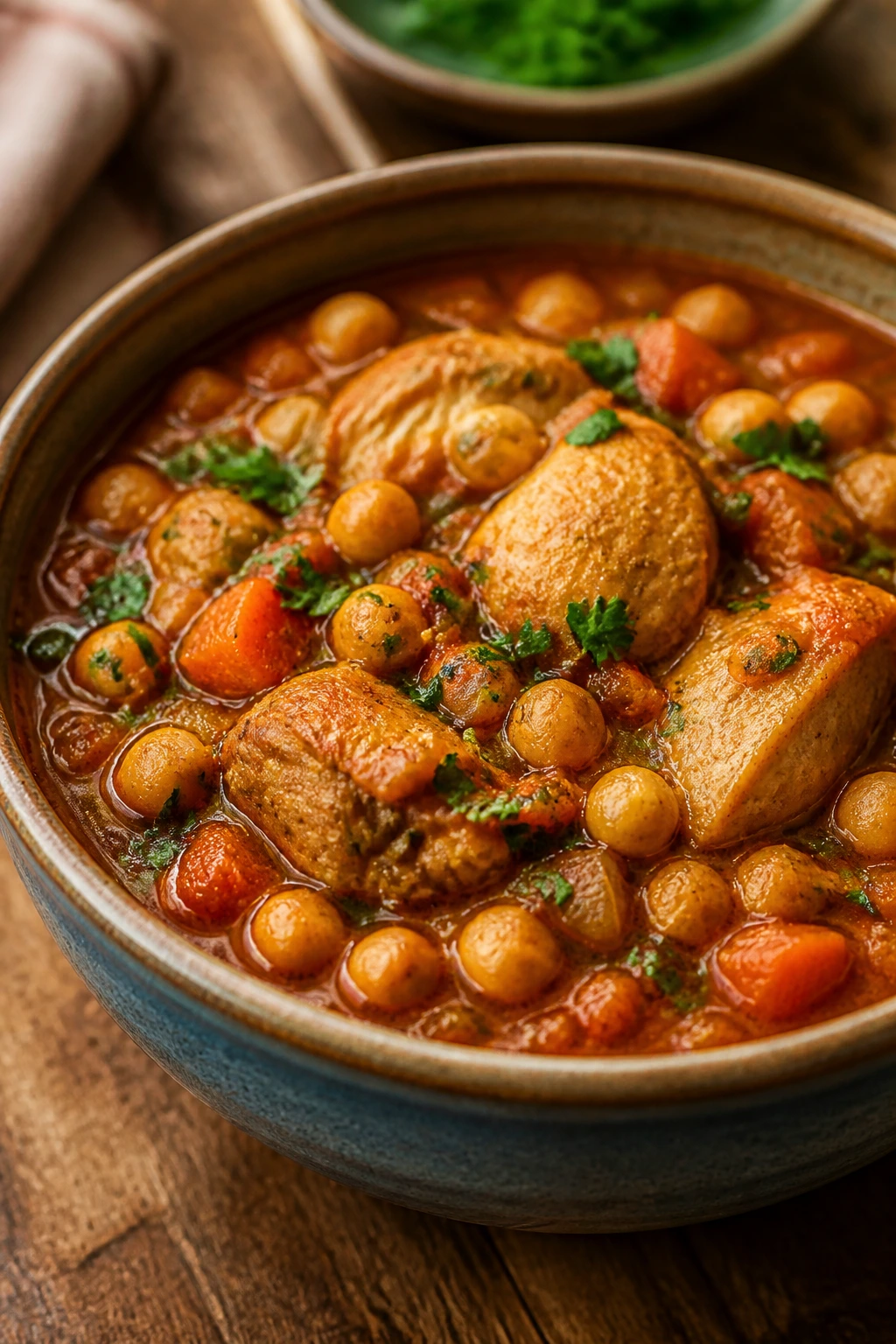Close-up of Moroccan chickpea and chicken stew