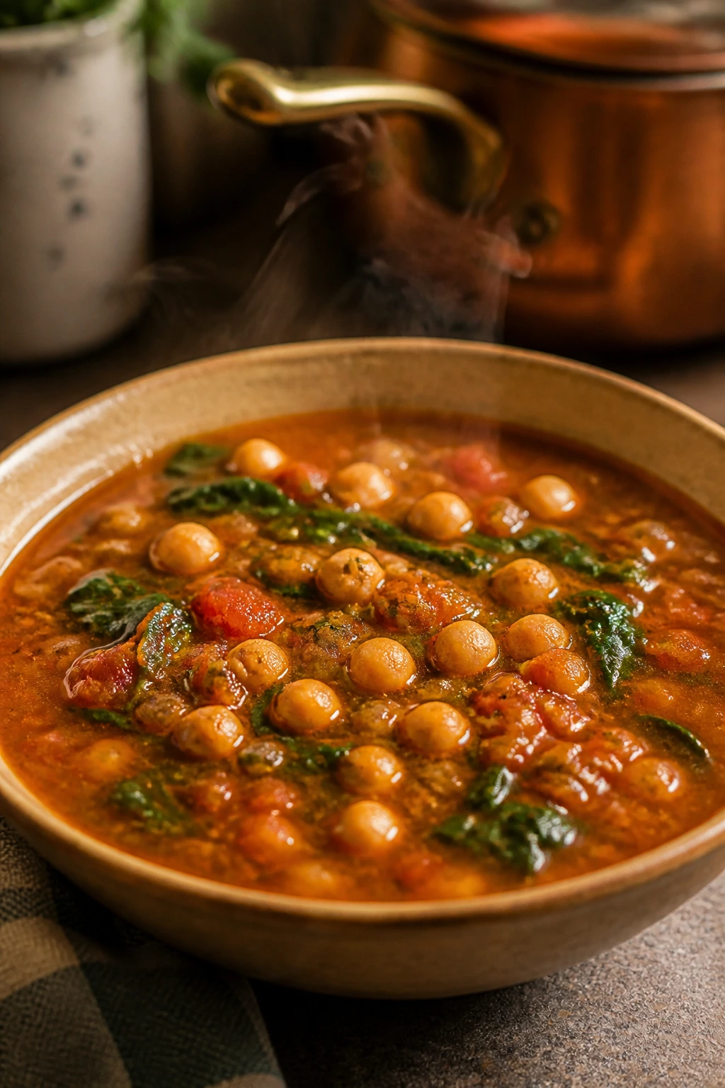 Close-up Moroccan chickpea soup with greens in a bowl on a kitchen counter