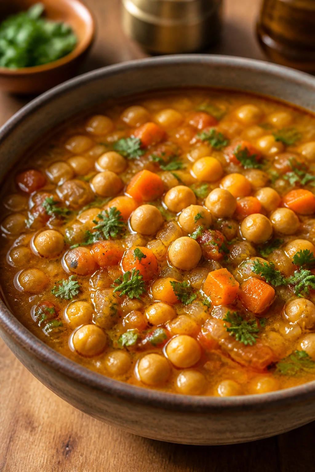 Close-up Moroccan chickpea soup with chickpeas and carrots