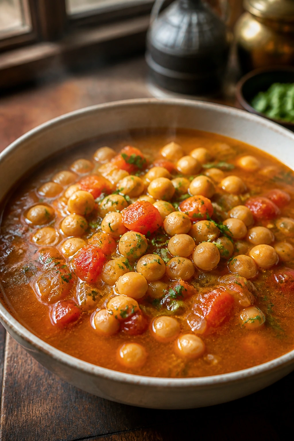 Close-up of Moroccan Chickpea Soup in a rustic bowl with chickpeas and tomatoes