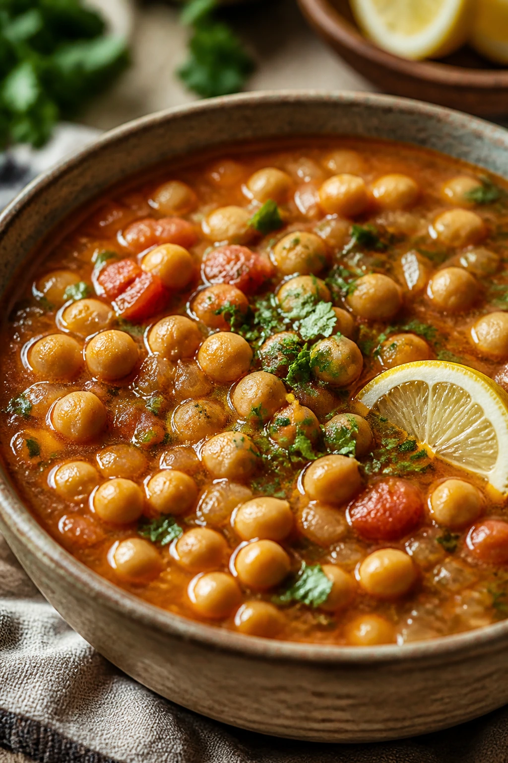 Steaming Moroccan chickpea soup with chickpeas and warm spices