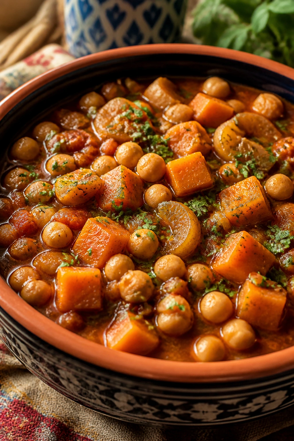 Moroccan chickpea stew in a bowl with chickpeas and sweet potato