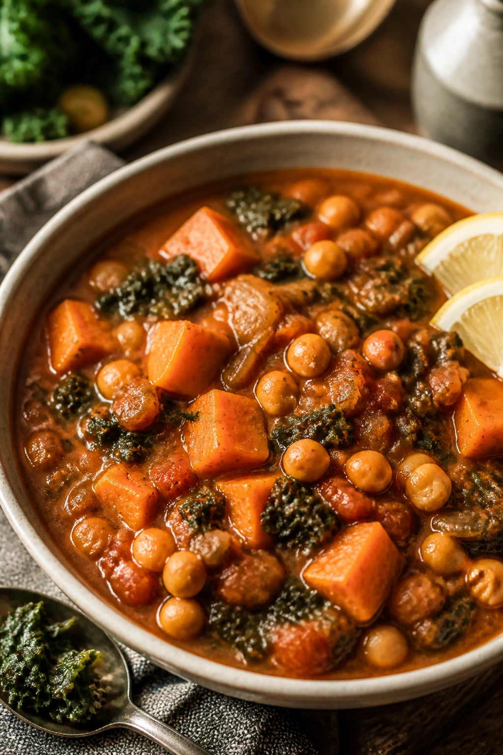 Close-up of Moroccan Chickpea and Sweet Potato Stew with chickpeas and sweet potatoes.