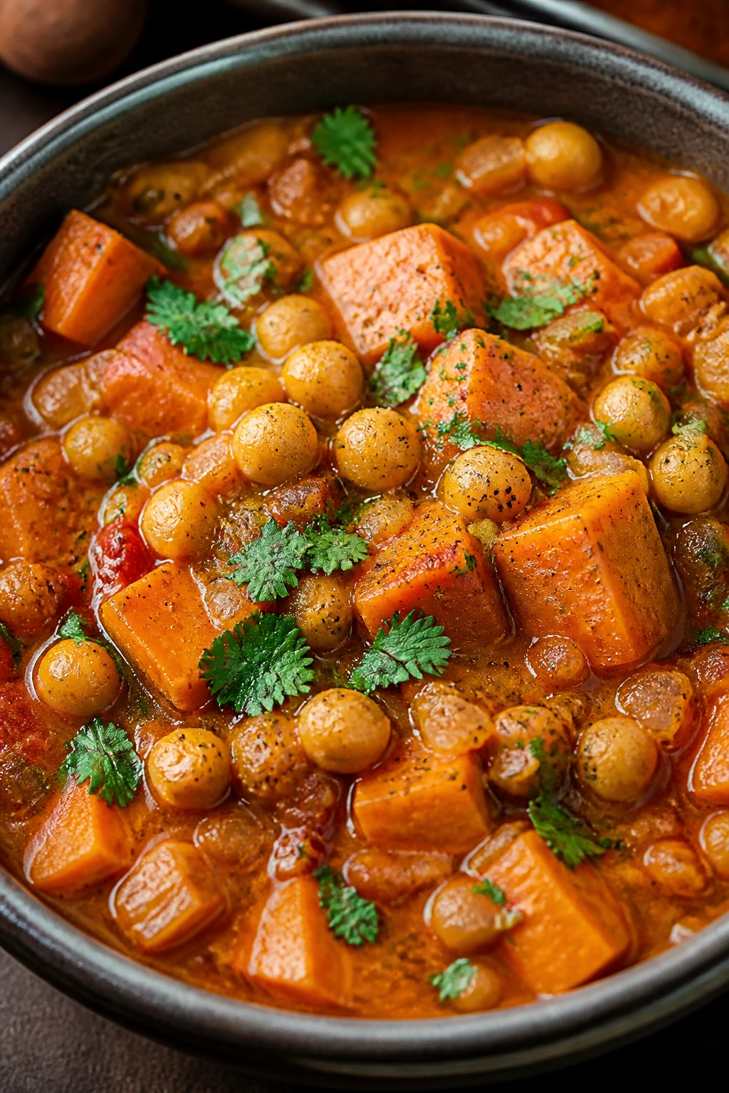 Moroccan chickpea stew with sweet potato in a warm kitchen bowl