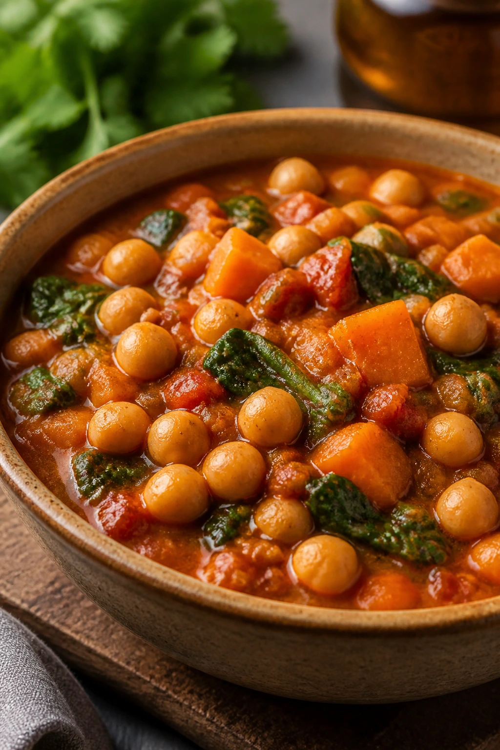 Chickpeas with tomatoes and spinach in a rustic bowl