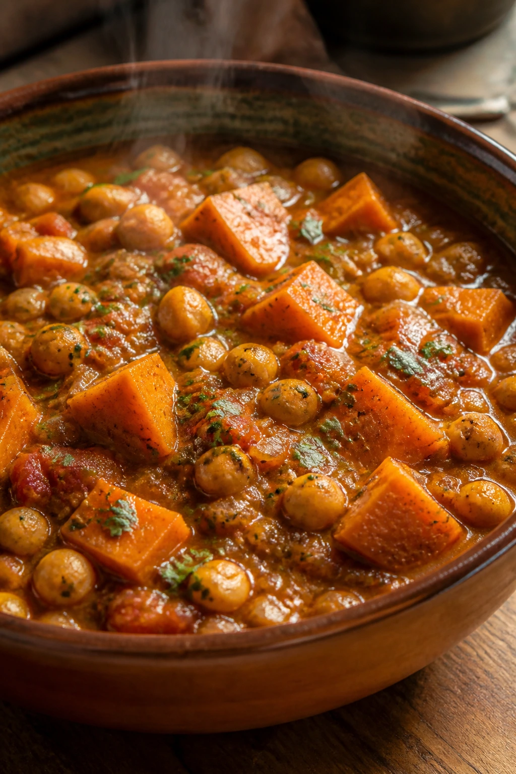 Close-up of Moroccan chickpea and sweet potato stew in a rustic bowl on wood.