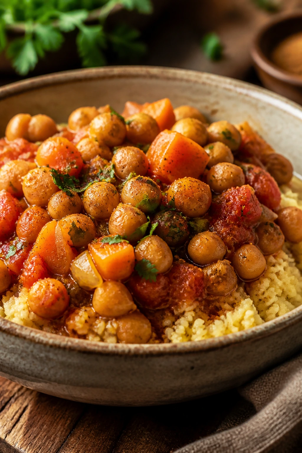 Close-up of Moroccan chickpea stew over couscous