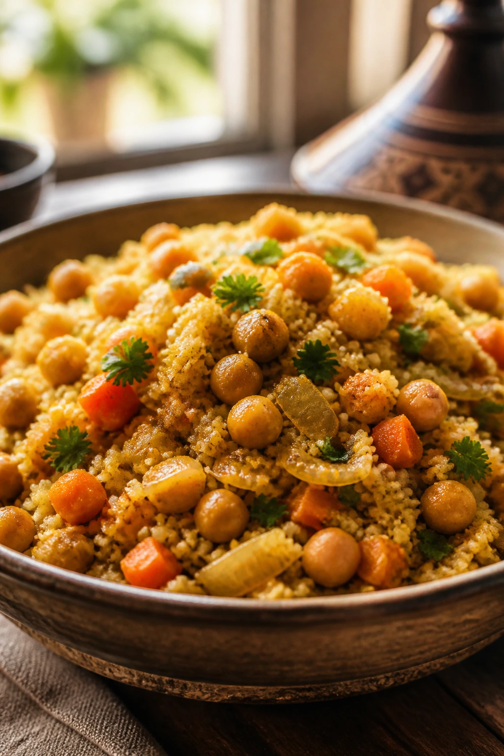 Bowl of Moroccan chickpea couscous with vegetables