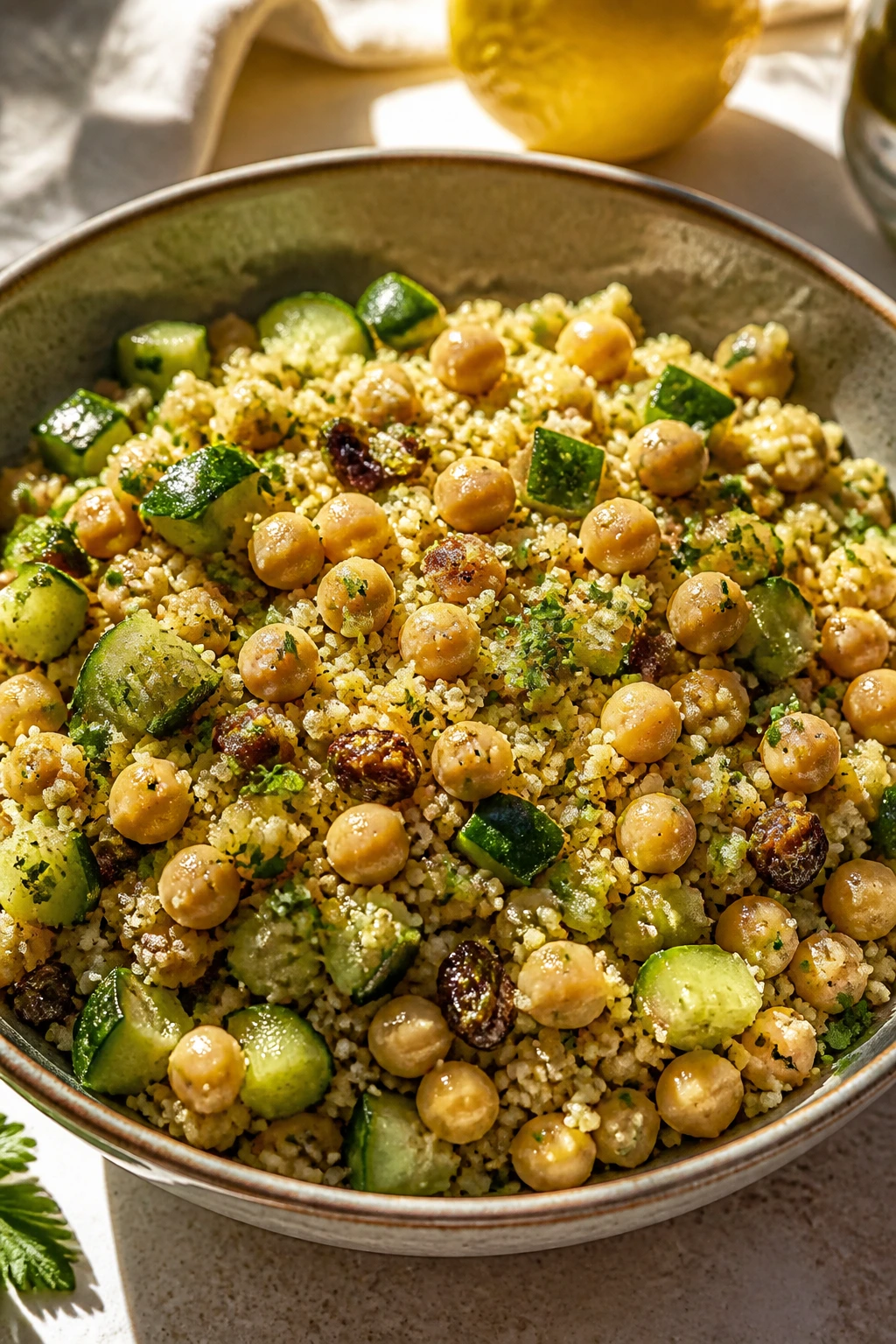 Close-up of Moroccan couscous chickpea salad in a bowl