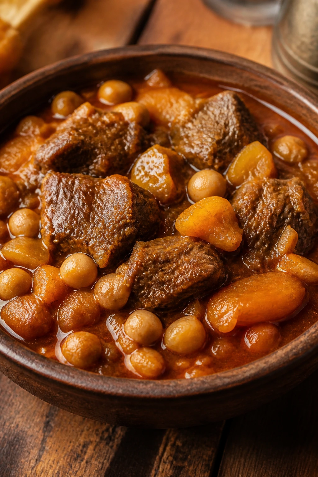 Close-up of Moroccan lamb stew in a bowl with lamb, chickpeas and apricots on a wooden table