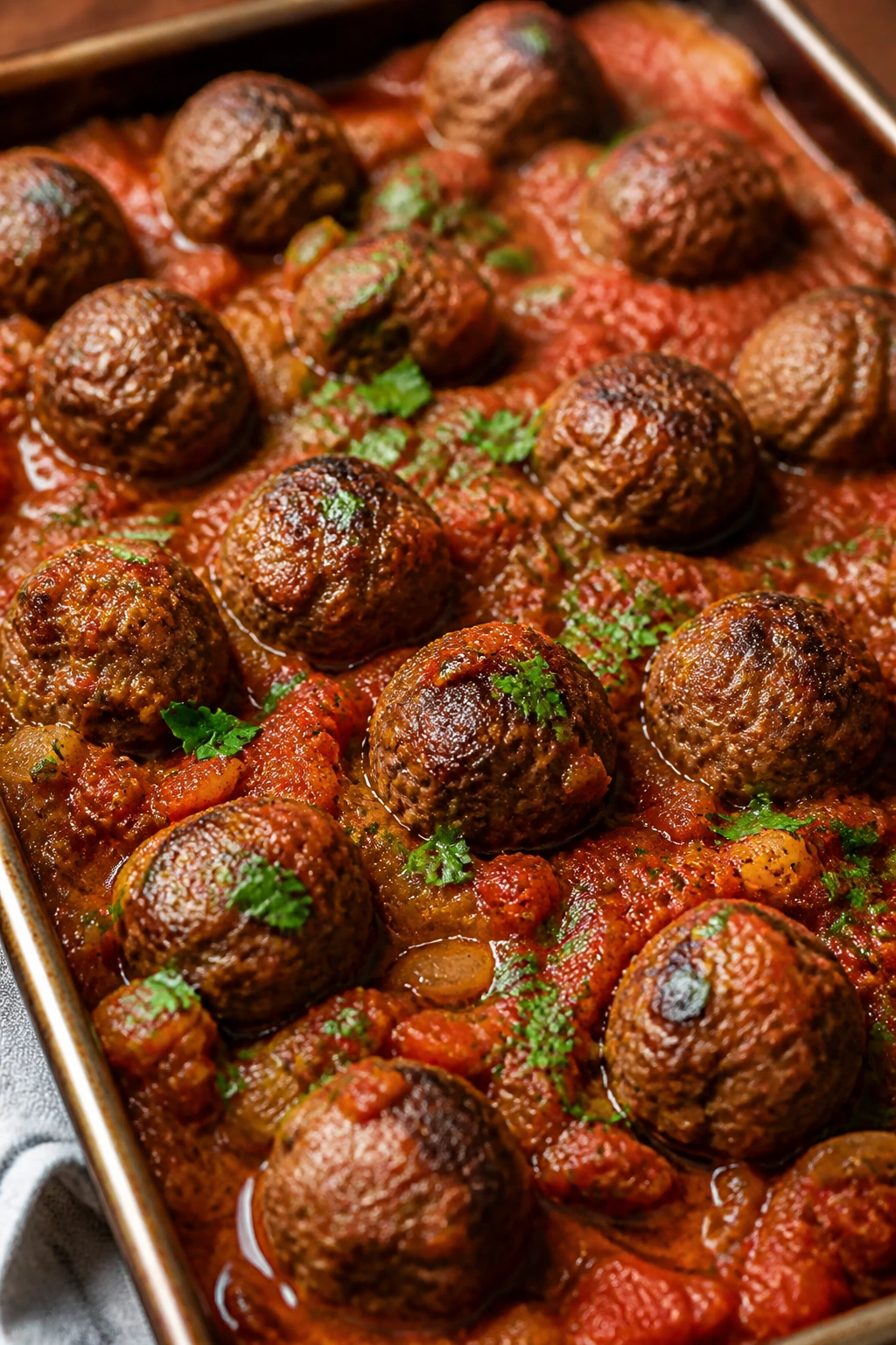 Moroccan cumin meatballs in tomato-harissa sauce, close-up.