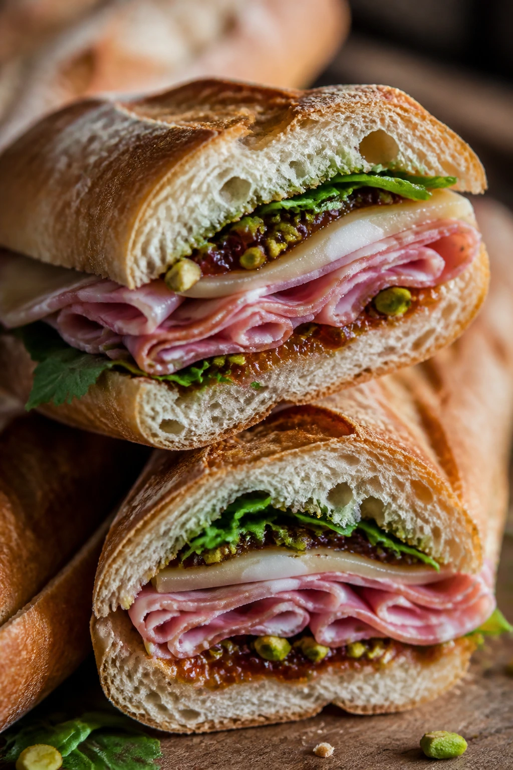 Cross-section of mortadella pistachio fig jam baguette