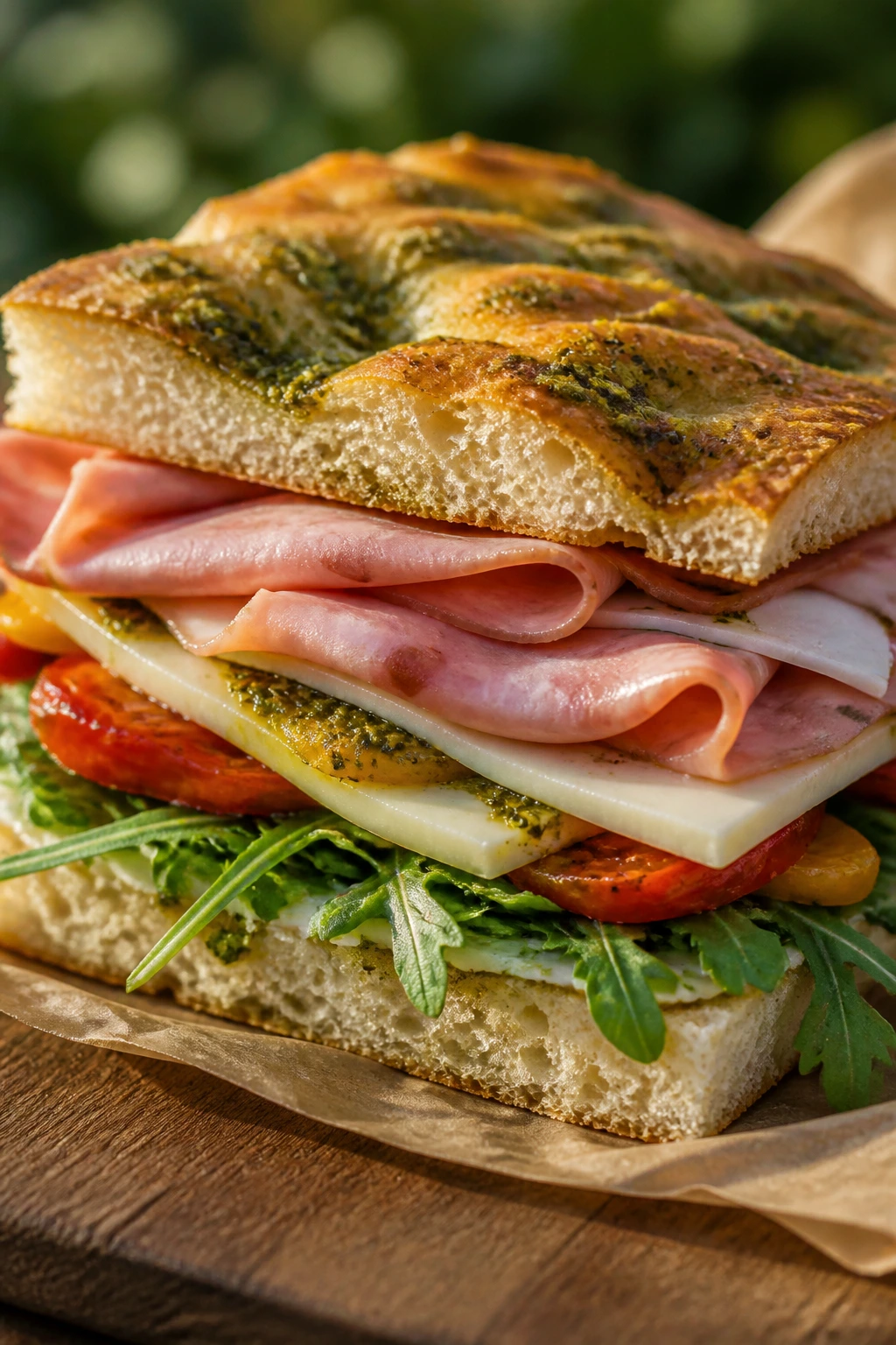 Close-up of mortadella, provolone, and pesto focaccia sandwich with arugula.