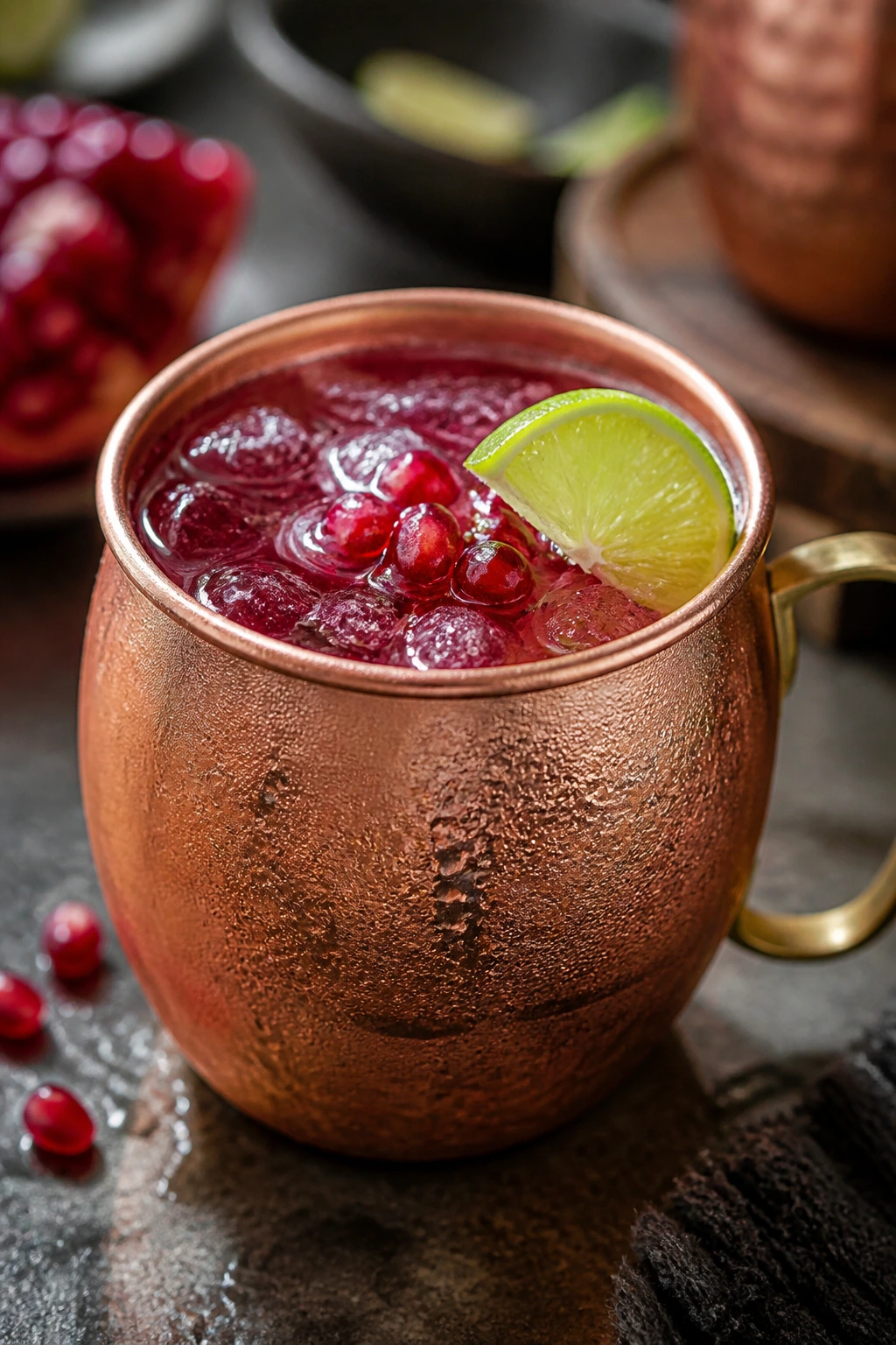 Copper mug with pomegranate Moscow Mule garnished with lime and seeds
