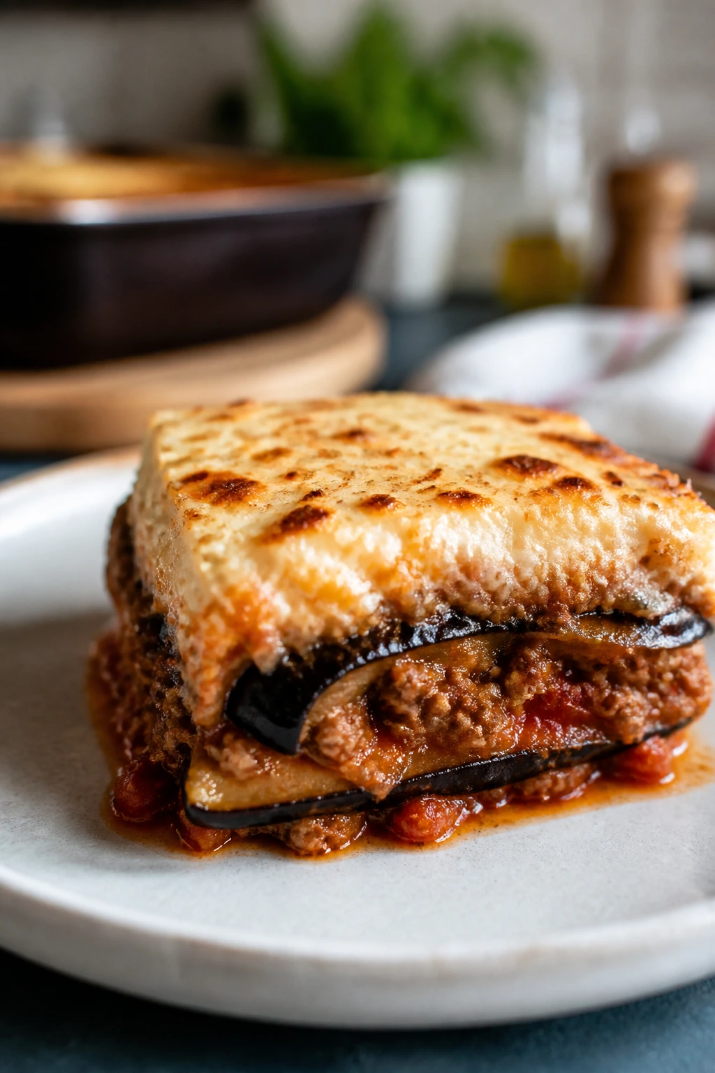Slice of moussaka with beef and cottage cheese topping