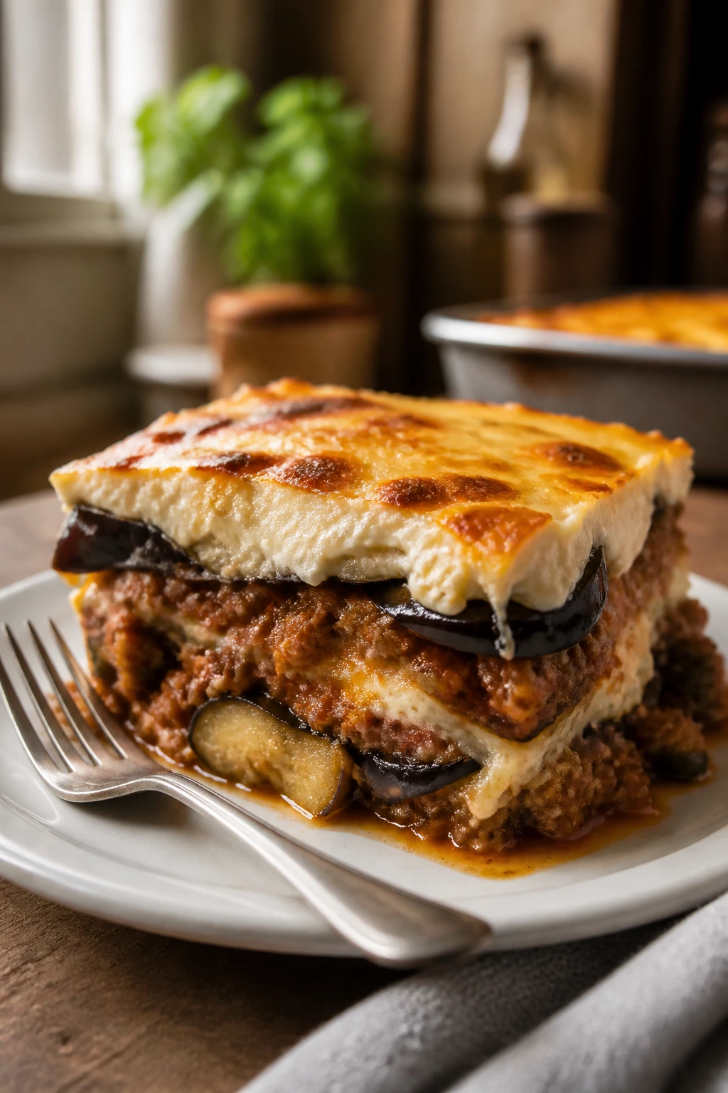 Close-up of a slice of moussaka-style beef and eggplant bake showing layers.