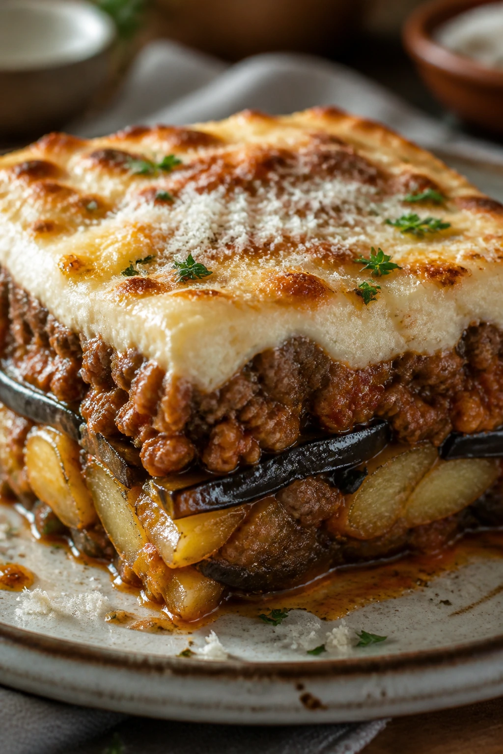 Slice of quick moussaka showing eggplant, beef, and potatoes.