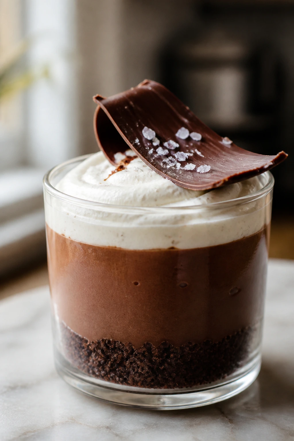Dessert cup featuring chocolate mousse, chocolate curl, and flaky salt on top