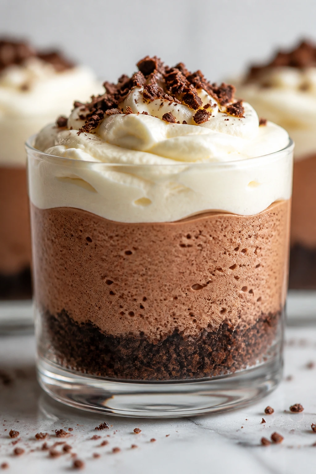 Close-up of dessert cup showing base, mousse, and frosting layers in a kitchen setting