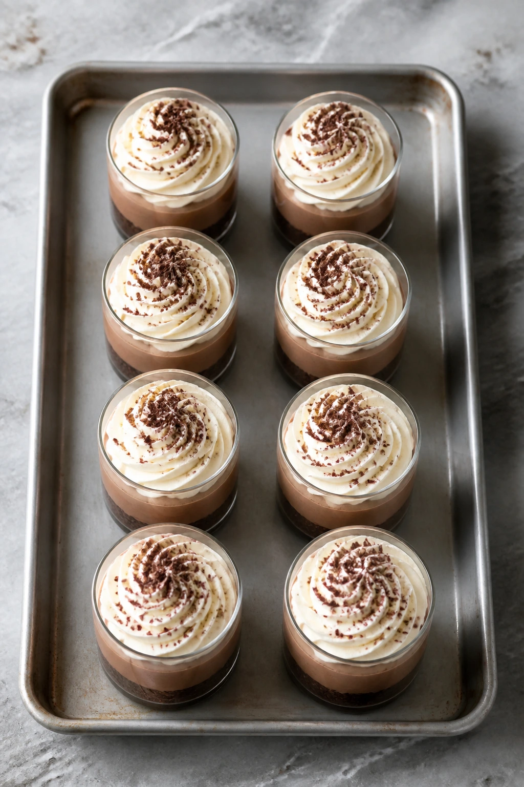 Eight chocolate mousse cups lined on a sheet pan, showcasing uniform layers