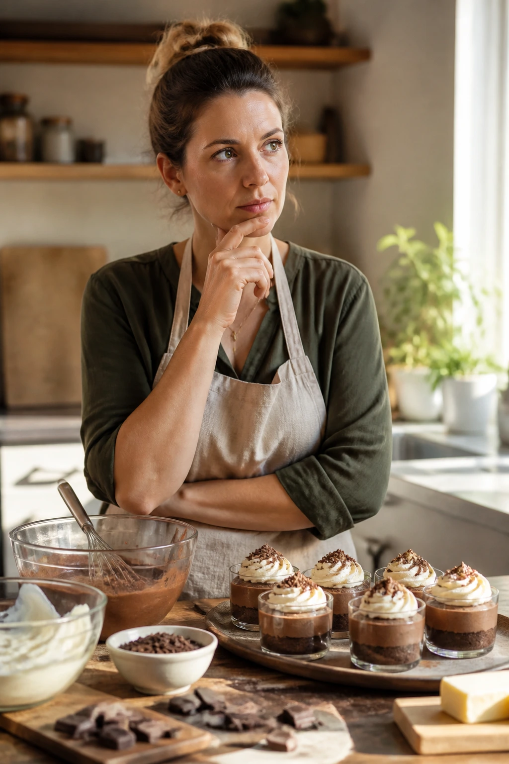 Close-up portrait of a real cook in a warm kitchen with mousse cups in the background