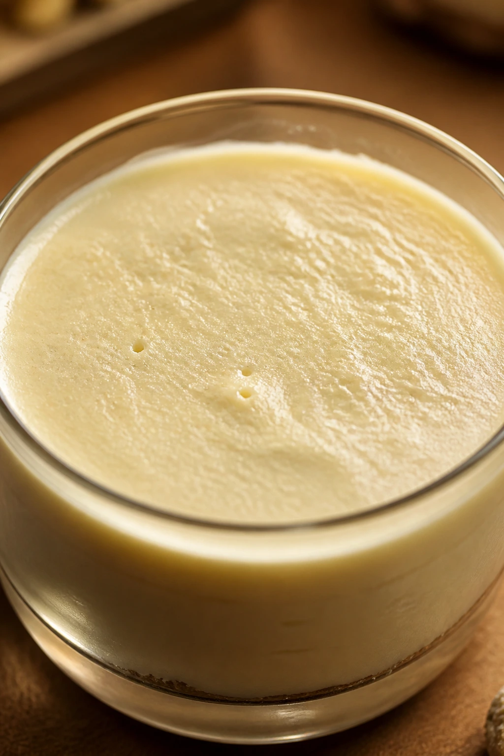 Dessert cup with mousse showing a dense surface