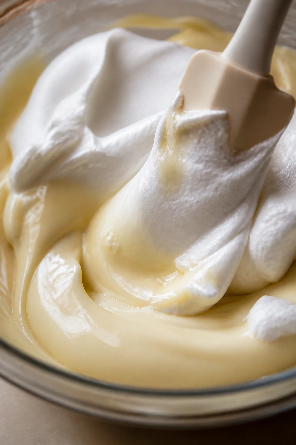 Spatula folding whipped cream into pale ganache in a glass bowl