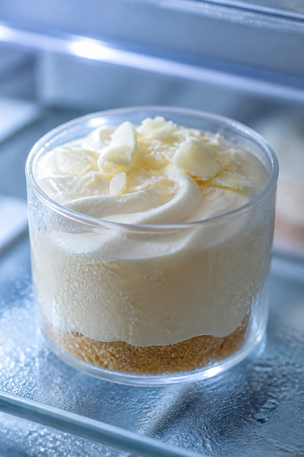 Mousse cup chilling in fridge showing storage context