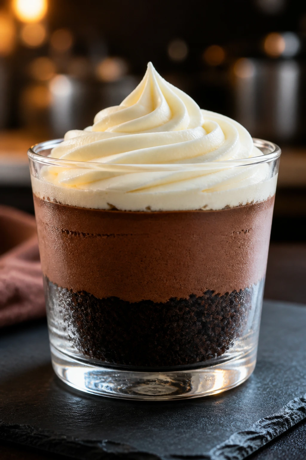 Dessert cup with sharp layers and frosting swirl