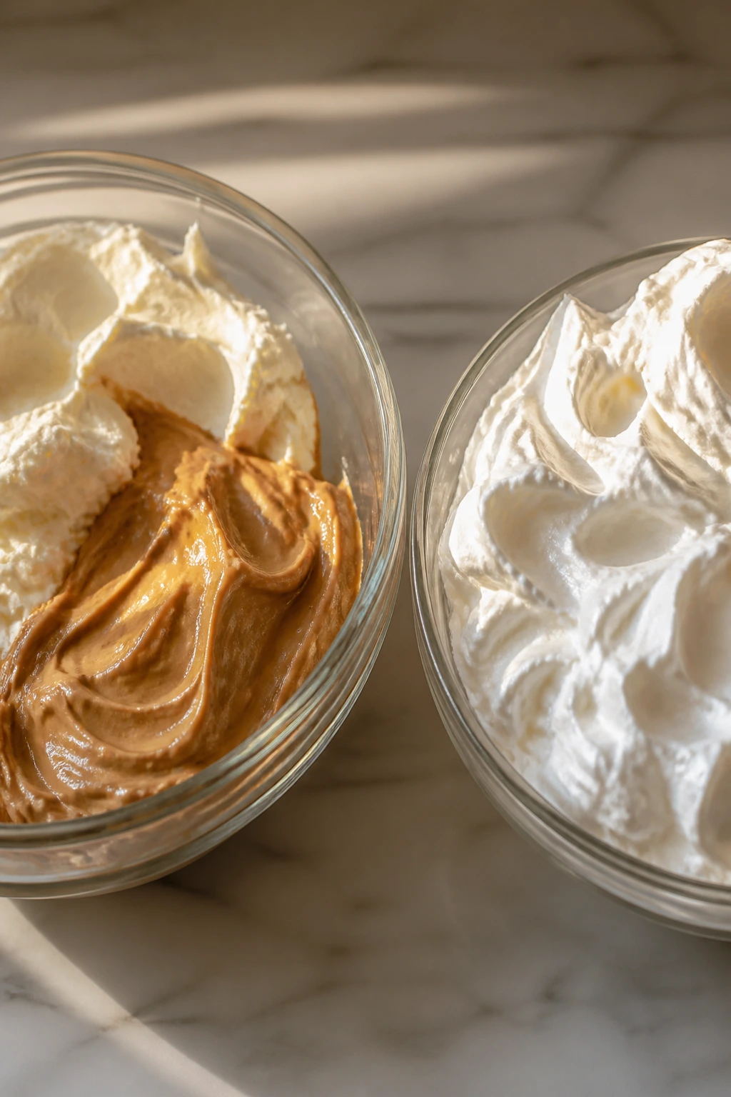 Two bowls showing mousse base and whipped cream texture side by side