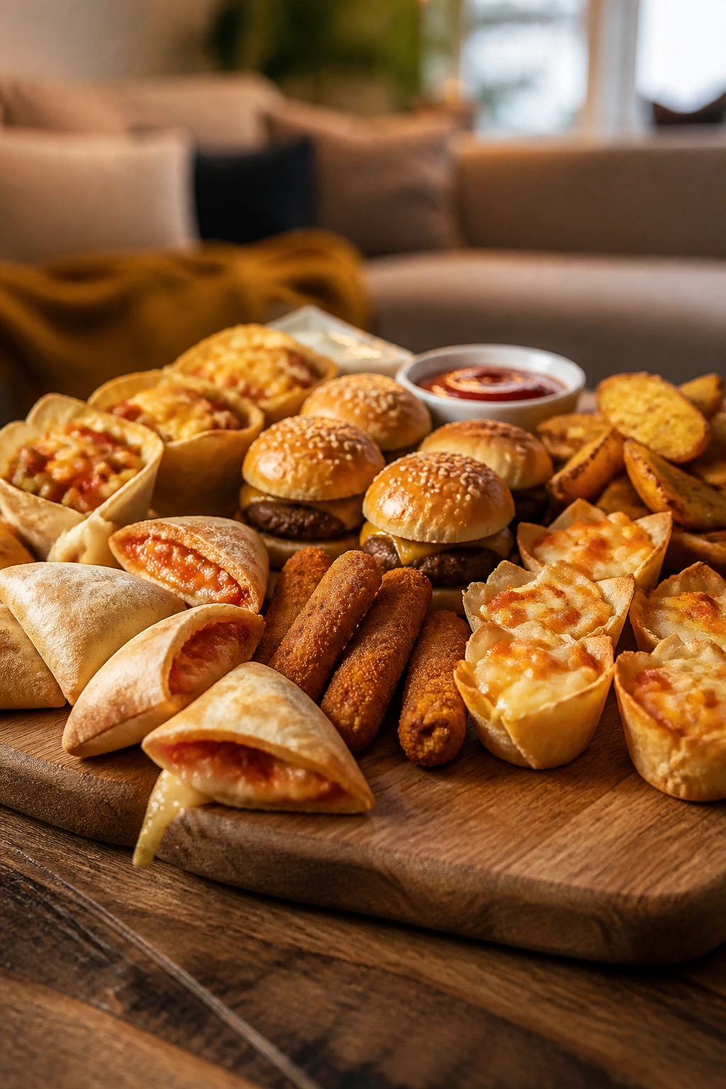 Close-up of kid-friendly movie-night bites arranged on a board, emphasizing familiar shapes