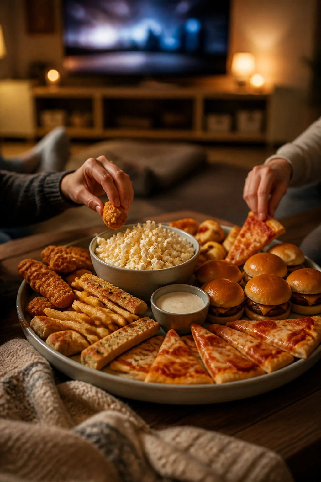 Shared platter of kid-friendly bites on a coffee table in a cozy living room