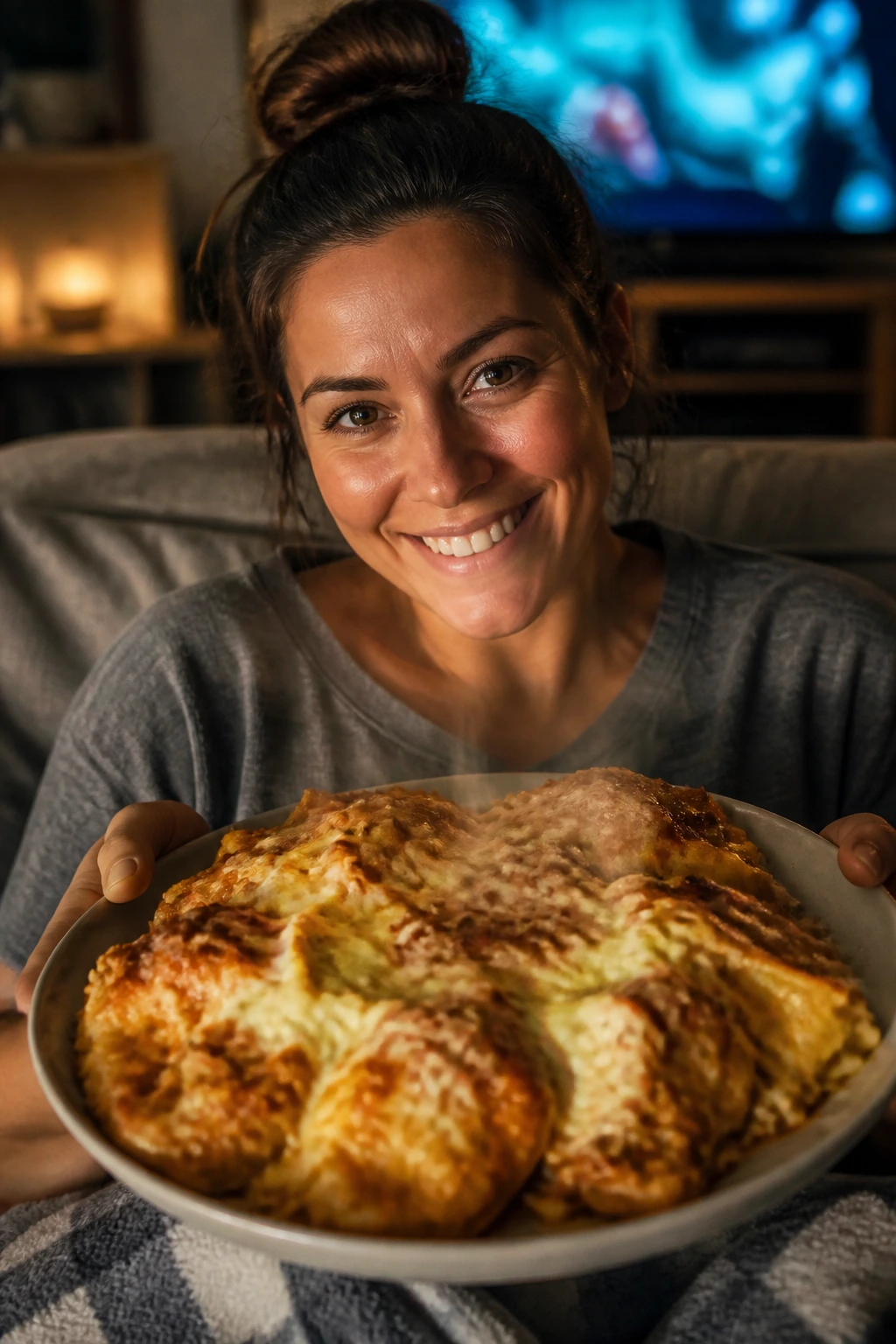 Real-person on couch holding a steaming plate of movie-night dinner, plate dominating the frame
