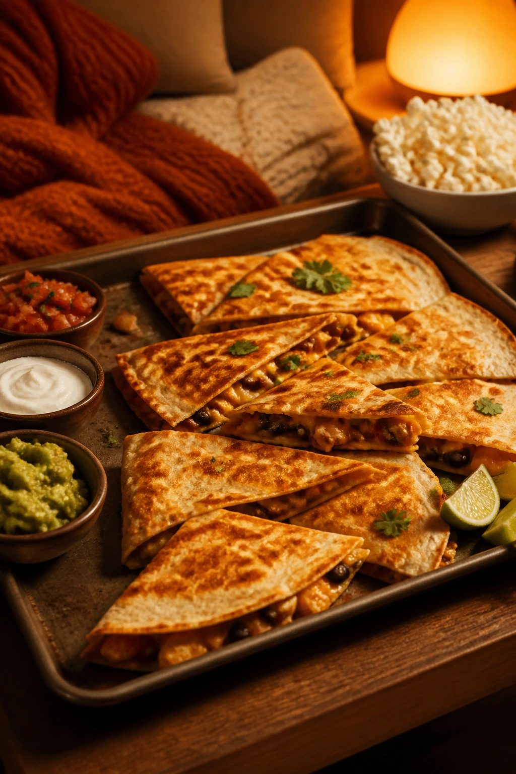 Close-up of a sheet-pan with quesadilla wedges dominating a cozy movie-night table.