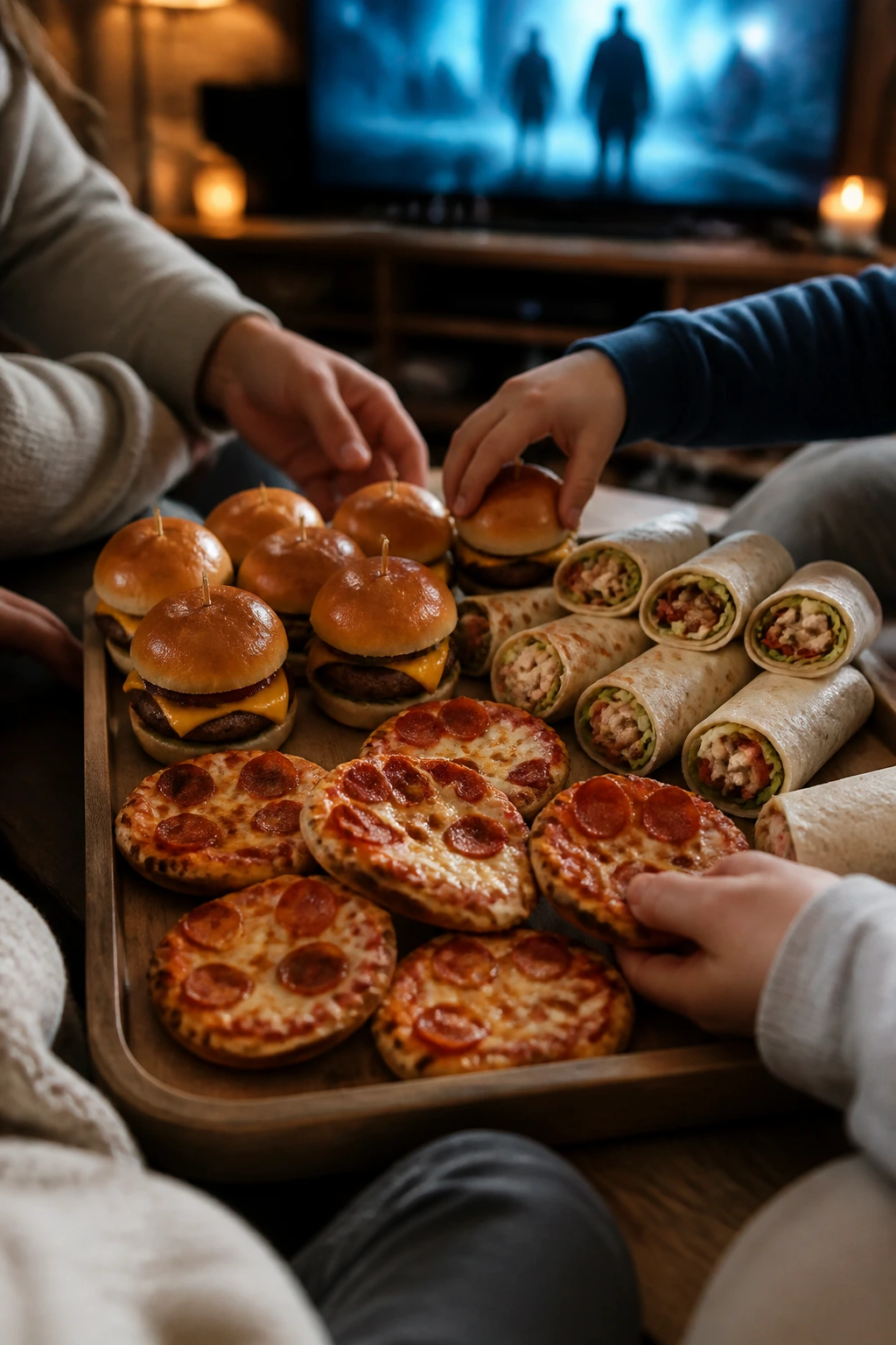 Living room table with fast dinners ready for movie night
