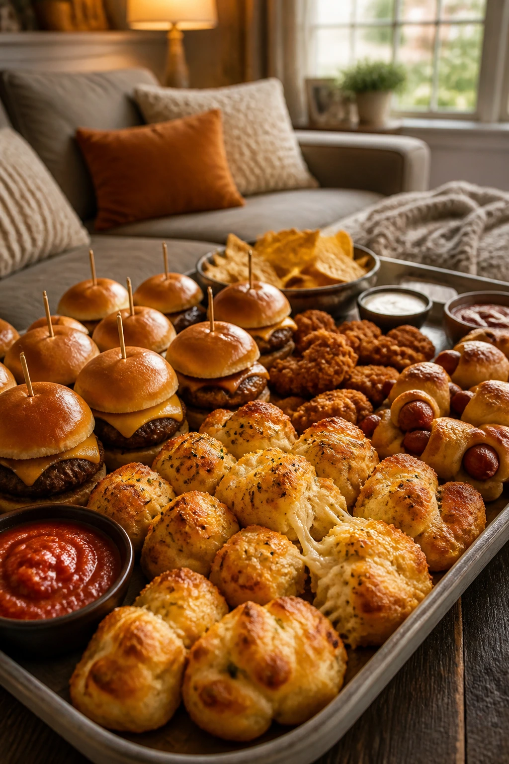 Tray of kid-friendly dinners on a cozy living room table