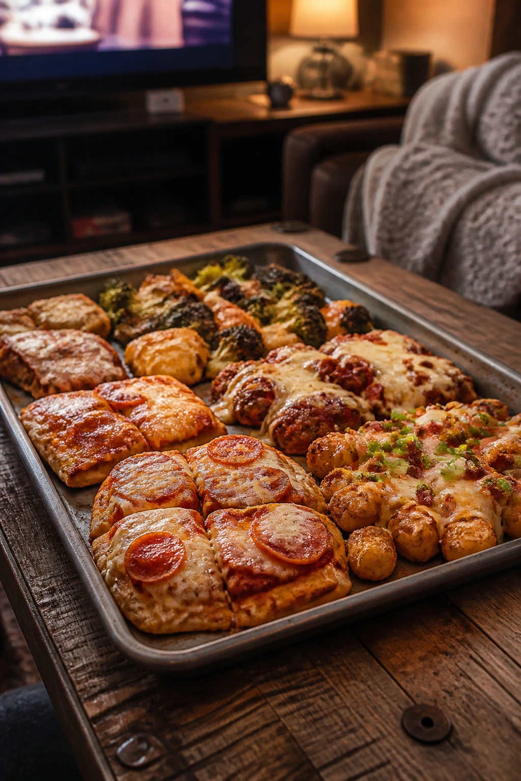Close-up of a sheet-pan loaded with cheesy family dinners on a coffee table during movie night