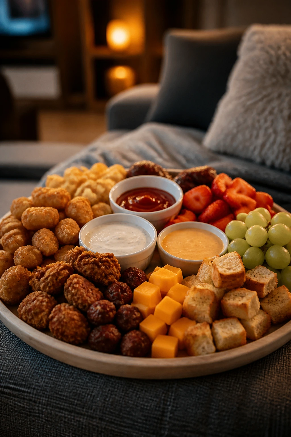 Close up of a couch-side snack platter with cheese, bread, chicken, beef, and potato bites for movie night