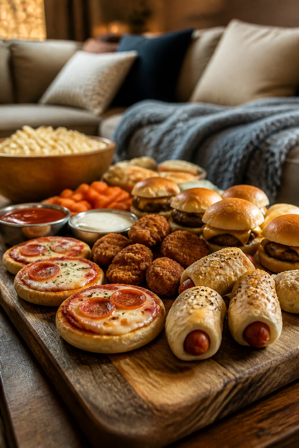 Close-up of a rustic board with assorted handheld bites on a coffee table in a living room.