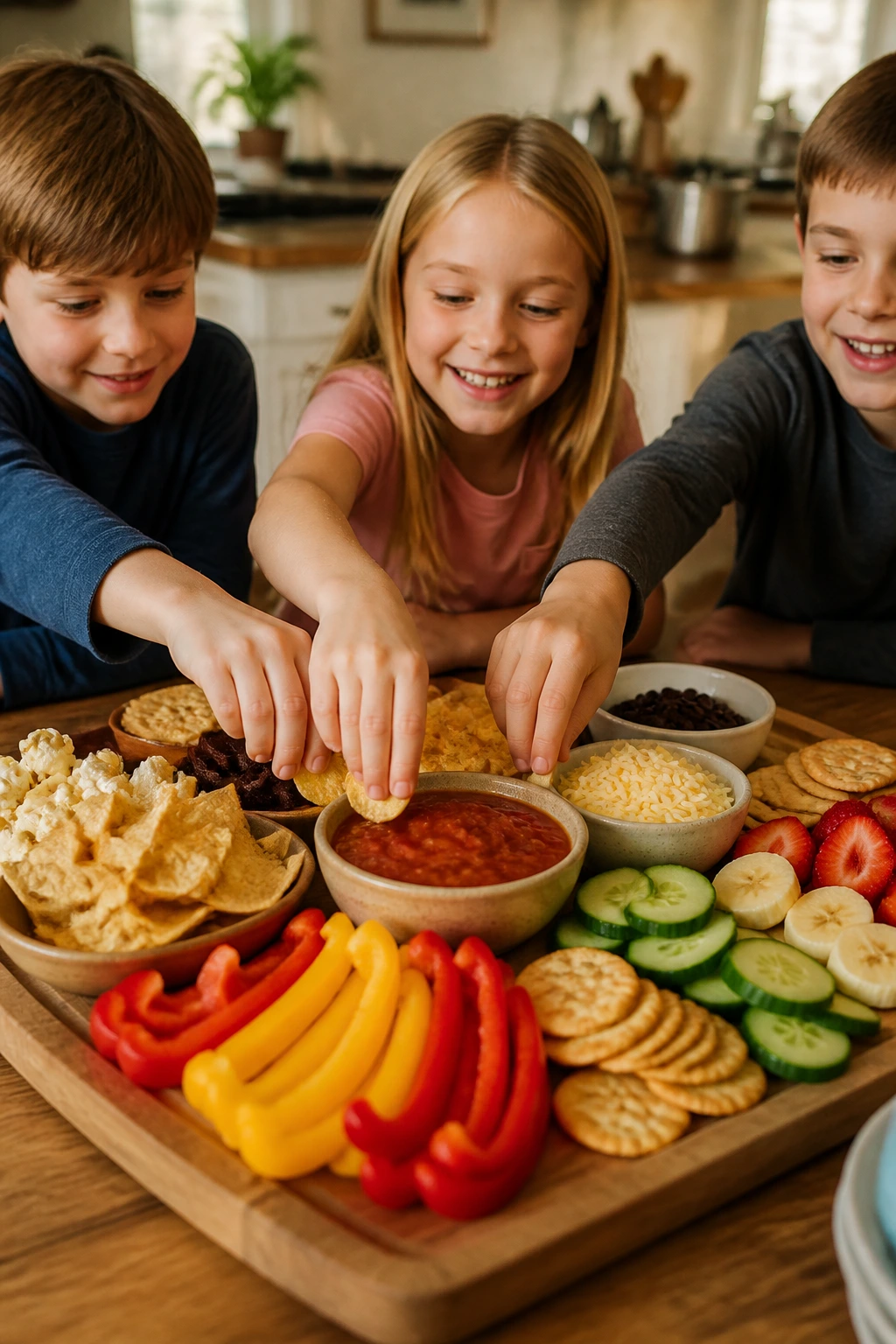 Close-up of a colorful movie-night snack board dominated by kid-friendly bites