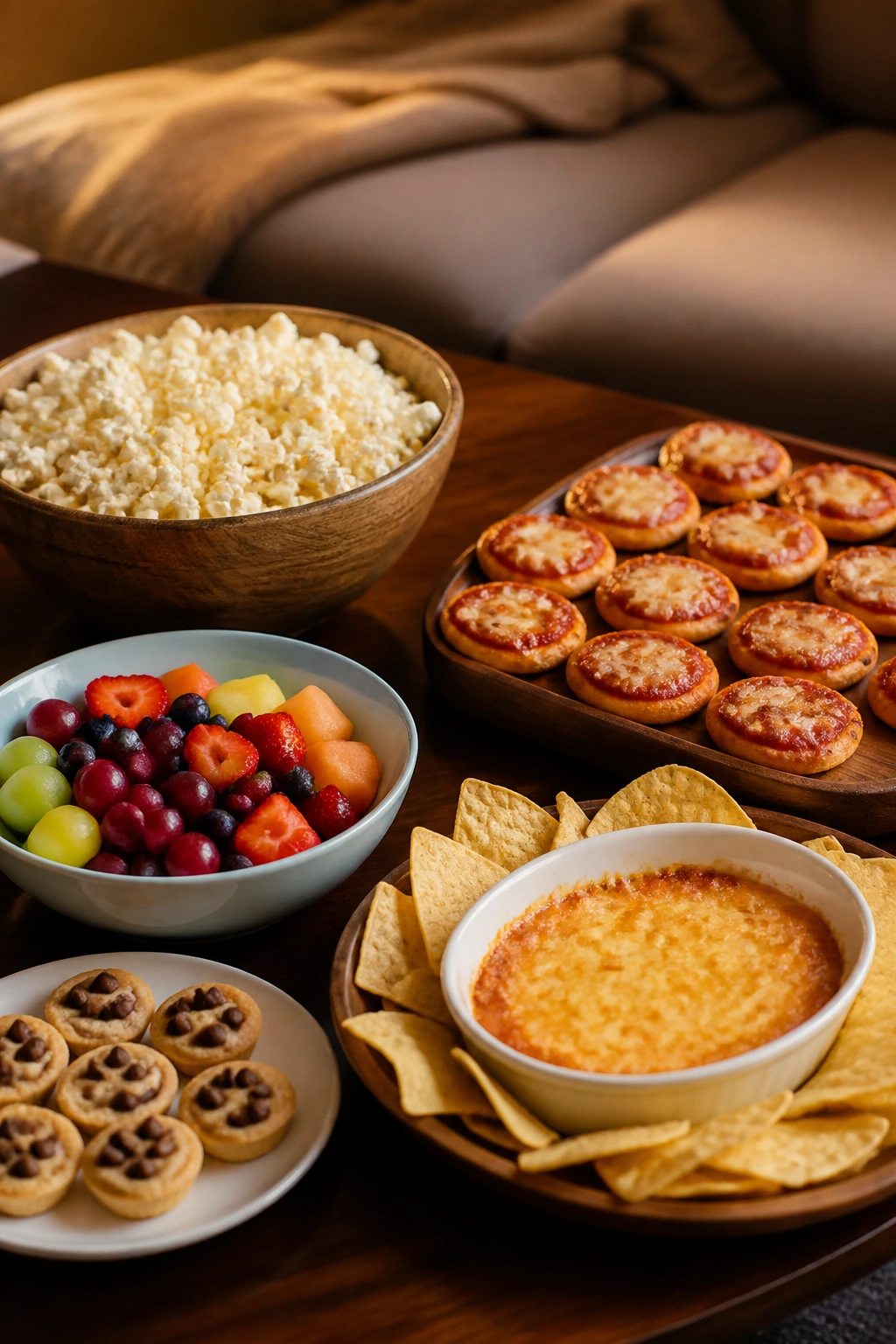 Close-up of a snack spread including popcorn, mini pizzas, fruit, dip, and dessert on a table
