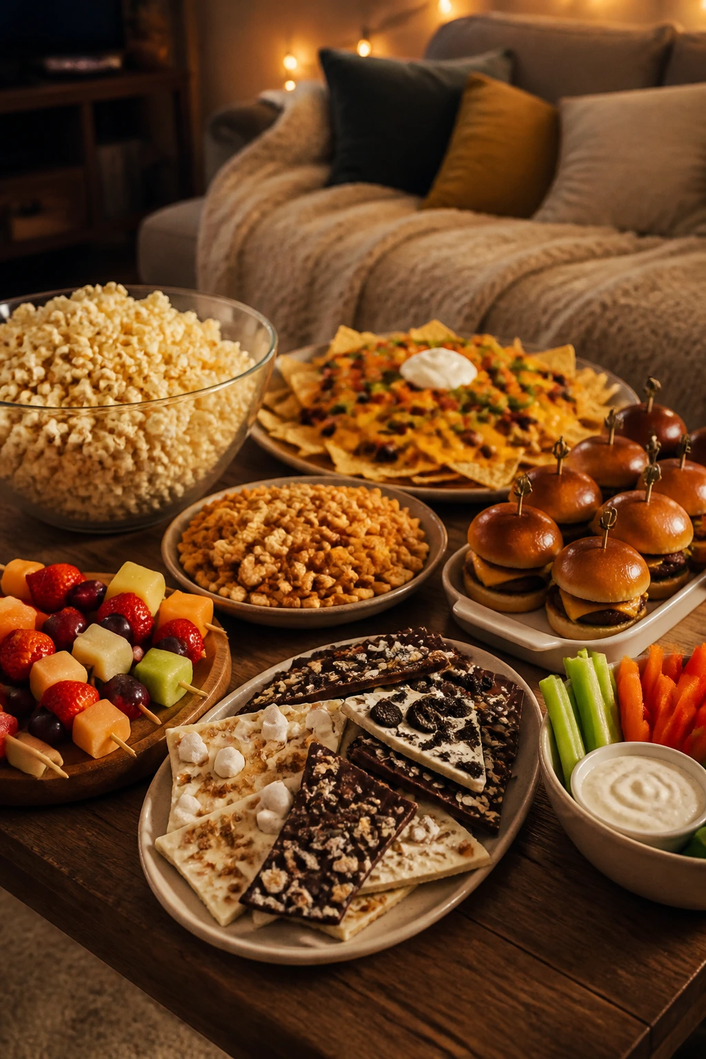 Overhead view of a varied movie-night snack spread with popcorn, nachos, bark, sliders, and fruit skewers