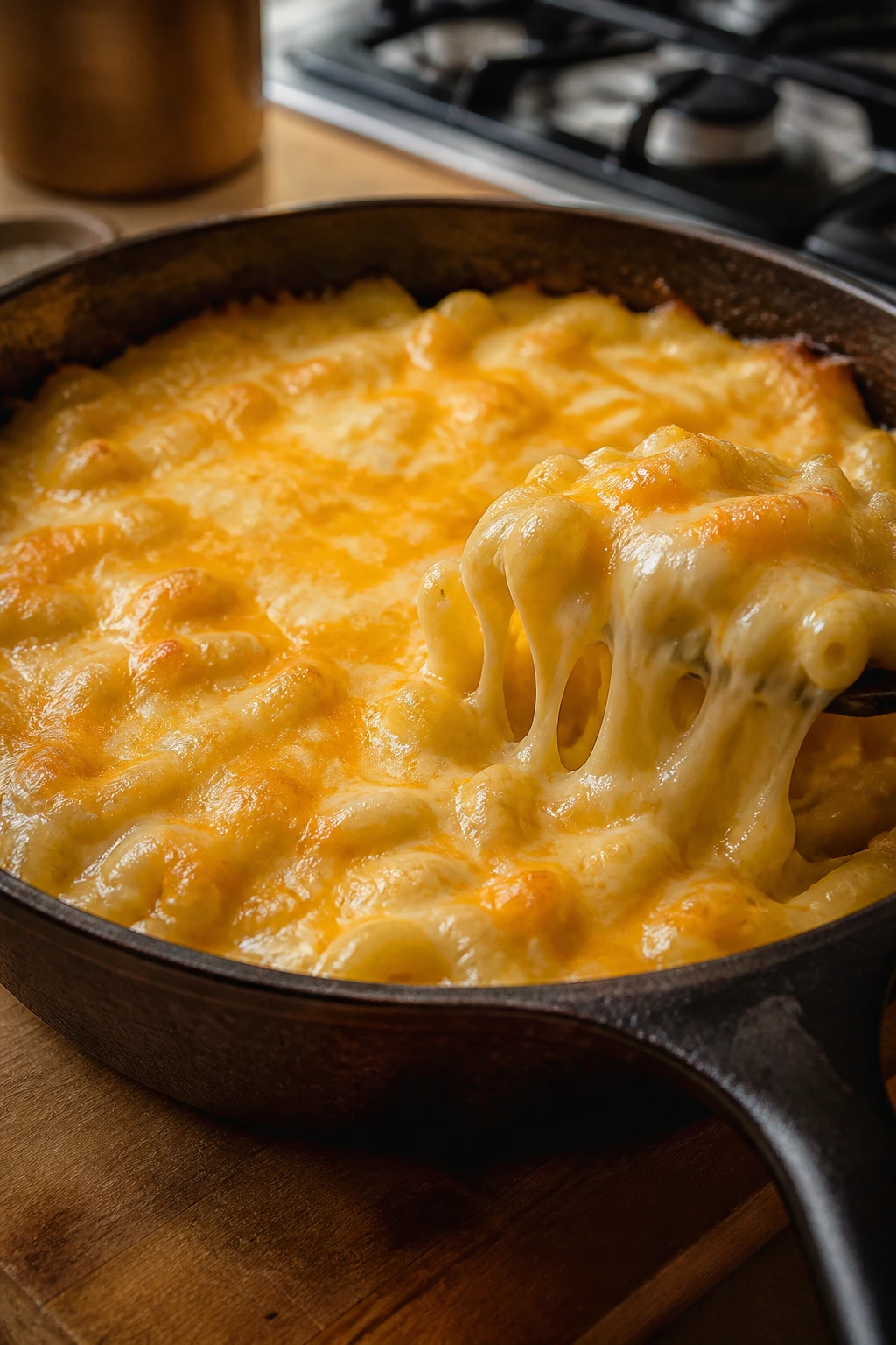 Close-up of glossy melted cheese blend in a skillet with stretchy texture