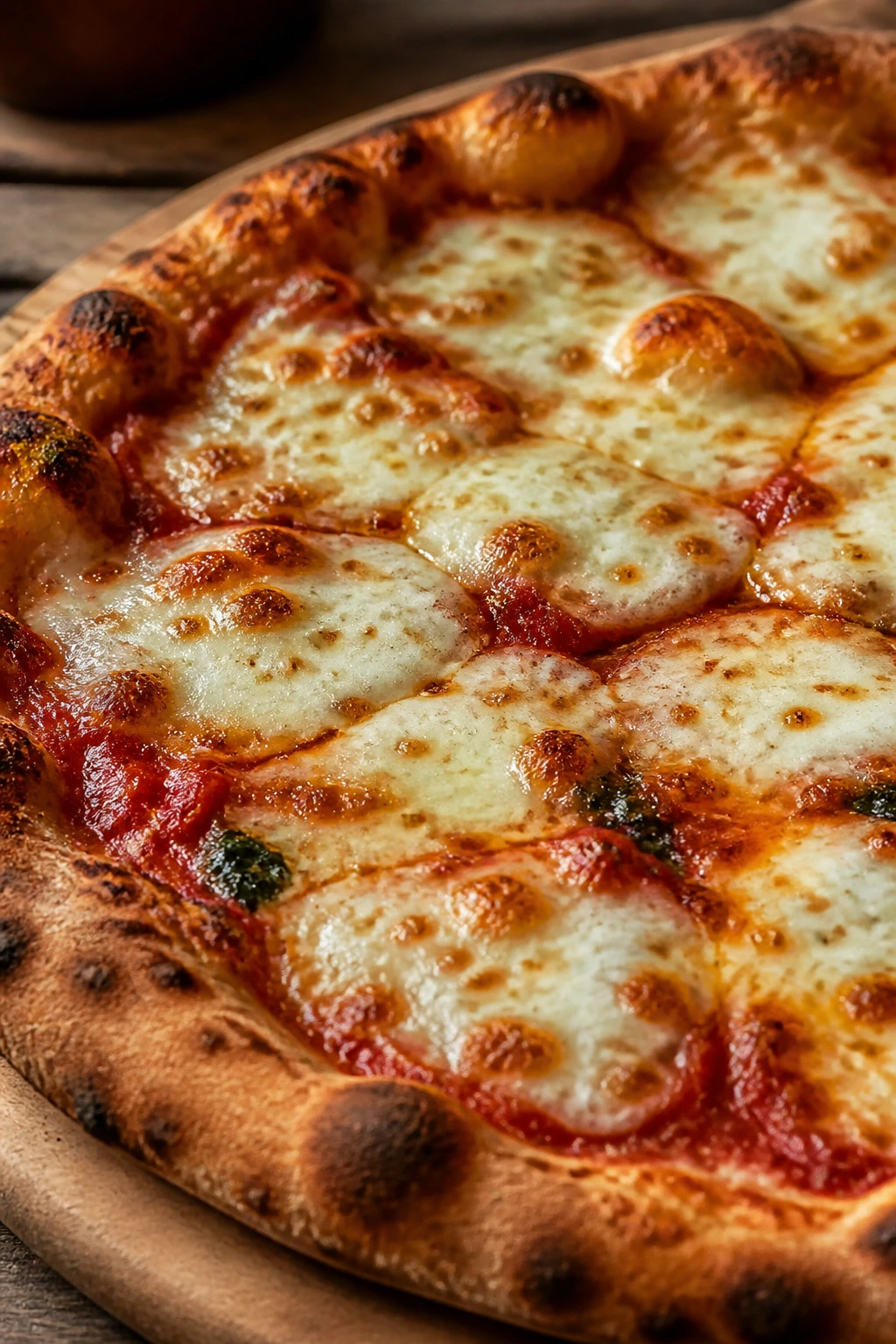 Melted mozzarella on a pizza with browning edges