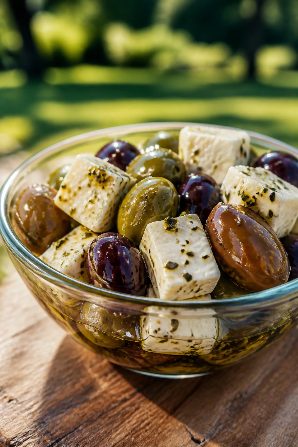 Marinated mozzarella cubes with olives in a glass bowl outdoors